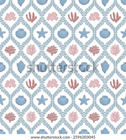 Coastal pattern, Seashell, Coral print vector file, coastal element, beach print, coral geo, coral damask,  ogee, damask