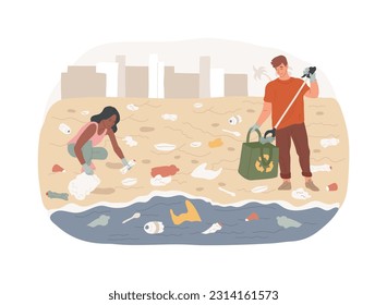 Coastal pollution isolated concept vector illustration. Marine and coastal pollution, plastic ocean, beach area clean up, sea water contamination, toxic waste management vector concept.