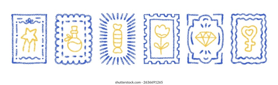 Coastal post stamp frames for love cards and letters. Doodle romantic icons with squiggly borders. Crayon blue frames with yellow flower, key, heart, star and candy, vector illustration