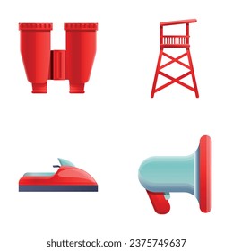 Coastal rescue icons set cartoon vector. Lifeguard post, lifeboat and binos. Safety of water recreation