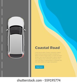 Coastal road conceptual web banner. Modern car goes on highway near ocean beach top view flat vector illustration. City infrastructure. Urban traffic. For transport, travel company landing page