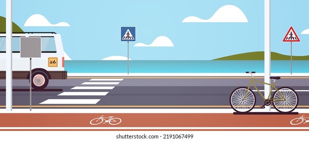Coastal road and modern style holiday road outdoor travel design flat vector illustration.