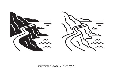 coastal road overlooking ocean black silhouette outline art vector icon black silhouette black silhouette and outline art vector icon