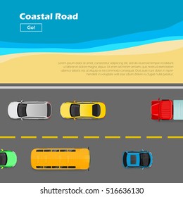 Coastal road. Traffic flows on left side of road near seaside. Way lane in flat style. Auto transport banner. Transportation system. Structural road design. Line markings. Vector Illustration