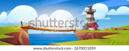Coastal rope bridge connects cliffs near lighthouse with ocean view and seabirds flying overhead. Wooden planks span rocky gap between grassy shores for maritime adventure scene or seaside landscape