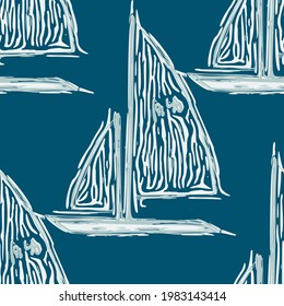 Coastal sail boat drawn seamless pattern. Marine 2 tone yacht ship printed background for interior textiles and modern trendy maritime fashion. Maritime travel all over design vector repeat.
