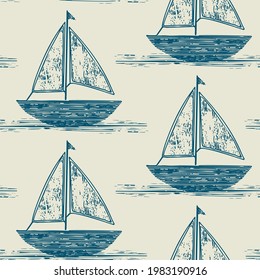 Coastal sail boat drawn seamless pattern. Marine 2 tone yacht ship printed background for interior textiles and modern trendy fashion. Maritime travel all over design vector repeat.

