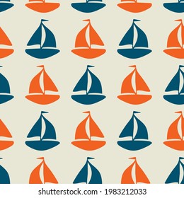 Coastal sail boat drawn seamless pattern. Marine 2 tone yacht ship printed background for interior textiles and modern trendy fashion. Maritime travel all over design vector repeat.
