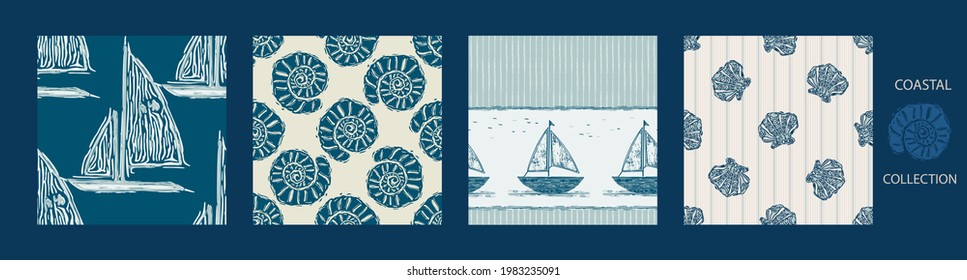 Coastal sail boat drawn seamless pattern set. Marine 2 tone shell and ship printed background for interior textiles and modern trendy fashion. Maritime travel all over design vector repeat collection
