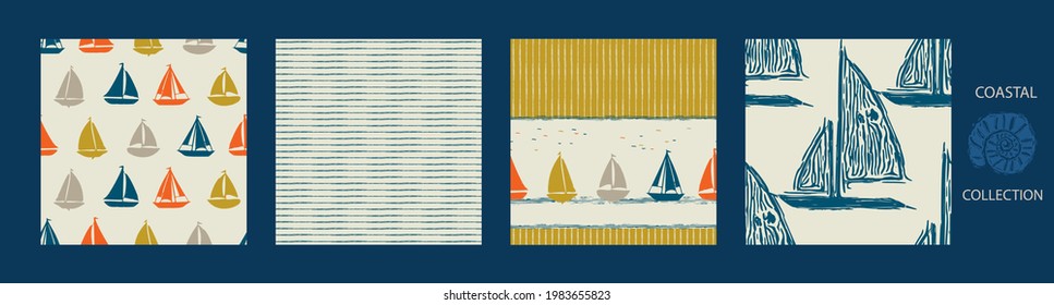 Coastal sail boat drawn seamless pattern set. Marine 2 tone stripe, ship printed background for interior textiles and modern trendy fashion. Maritime travel all over design vector repeat collection
