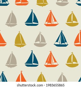 Coastal sail boat drawn seamless pattern set. Marine 2 tone shell and ship printed background for interior textiles and modern trendy fashion. Maritime travel all over design vector repeat collection
