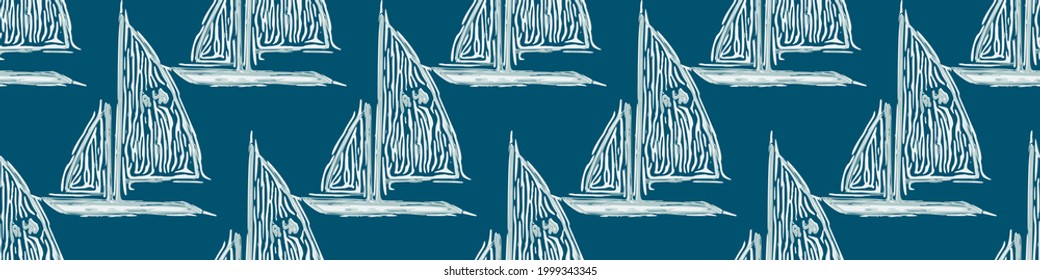 Coastal sail boat drawn seamless border pattern. Marine 2 tone seafaring sailing vessel printed background edge for interior textiles. Modern trendy maritime fashion  design vector banner trim.

