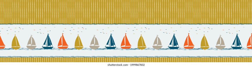 Coastal sail boat drawn seamless border pattern. Marine 2 tone seafaring sailing vessel printed background edge for interior textiles. Modern trendy maritime fashion  design vector banner trim.