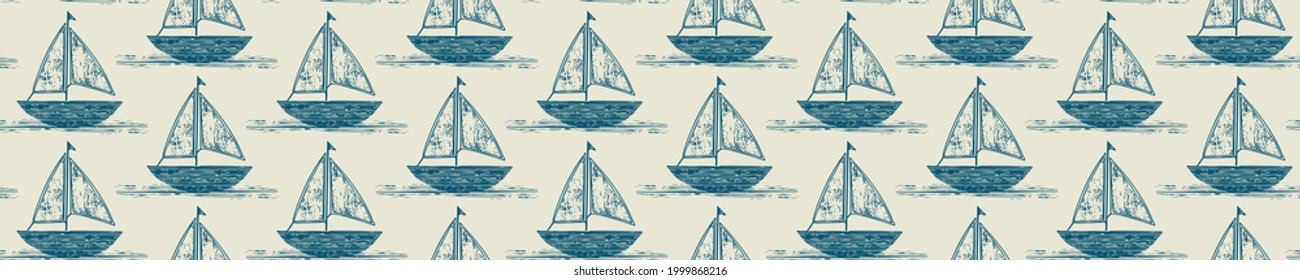 Barcos de vela costera trazados con un patrón de frontera sin fisuras. Marítimo de 2 tonos de barco de vela con borde de fondo impreso para textiles interiores. Moderno diseño de moda marítima de diseño vectorial de banner.

