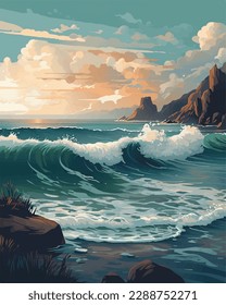 Coastal scene with waves and rocks vector