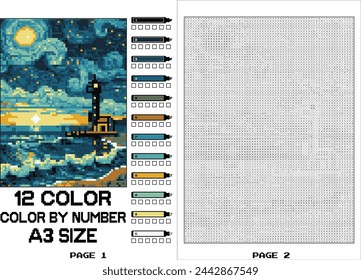 Coastal Scenery Color By Number. Pixel coloring with numbered squares. Pixel art. Coloring book. Color numbers book. Mystery Mosaic Color By Number