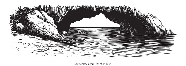 coastal sea cave with rocky arch and waves in black and white hand-drawn style