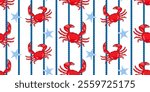 Coastal, sea life pattern cute red crabs, blue starfish with nautical, sailor style rope on white background