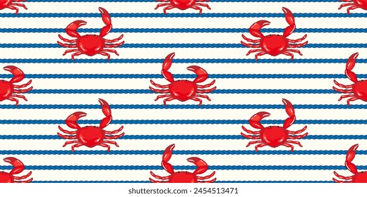 Coastal, sea life pattern  cute red crabs with nautical, sailor style rope on white background