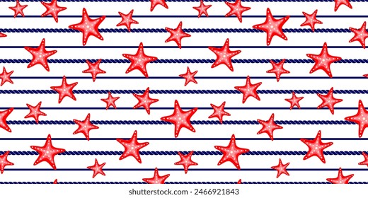 Coastal, sea life pattern cute red starfish  with nautical, sailor style rope on white background
