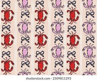 Coastal, sea life pattern cute crabs with Bow and line in Vertical striped , Design for fashion , fabric, textile, wallpaper , wrapping and all prints
