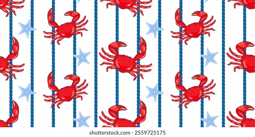 Coastal, sea life pattern cute red crabs, blue starfish with nautical, sailor style rope on white background