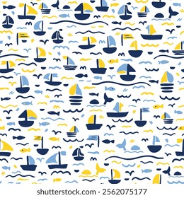 Coastal, sea life seamless repeat pattern. Hand drawn, vector boats, waves, fishes, wales and birds aop, all over print on white background.