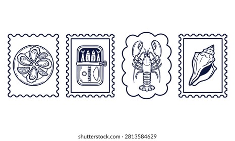 Coastal seafood themed sticker set in a vintage line style, featuring oysters, sardines, lobster, seashell, and lemon