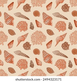 Coastal seamless pattern with brown shells and corals. Vector drawing of scallops, corals. Summer sea beach print for wallpaper, gift wrapping, textiles, fabric. Sea background