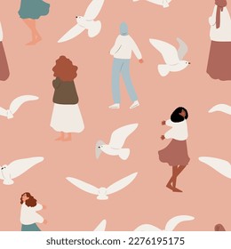 coastal seamless pattern, flying seagull digital paper, sea lion scrapbook paper, wave background, woman illustration clipart, ocean beach vector images in flat cartoon style.