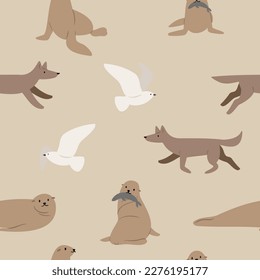patrón costero sin costuras, papel digital de gaviota voladora, papel de libro de recortes de león marino, fondo de olas, clipart de ilustración femenina, imágenes vectoriales de playa oceánica al estilo de dibujos animados planos.