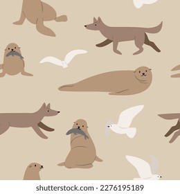 coastal seamless pattern, flying seagull digital paper, sea lion scrapbook paper, wave background, woman illustration clipart, ocean beach vector images in flat cartoon style.