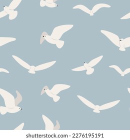 coastal seamless pattern, flying seagull digital paper, sea lion scrapbook paper, wave background, woman illustration clipart, ocean beach vector images in flat cartoon style.