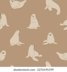 coastal seamless pattern, flying seagull digital paper, sea lion scrapbook paper, wave background, woman illustration clipart, ocean beach vector images in flat cartoon style.