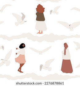 coastal seamless pattern, flying seagull digital paper, sea lion scrapbook paper, wave background, woman illustration clipart, ocean beach vector images in flat cartoon style.