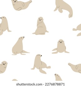 coastal seamless pattern, flying seagull digital paper, sea lion scrapbook paper, wave background, woman illustration clipart, ocean beach vector images in flat cartoon style.