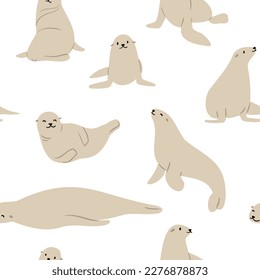 patrón costero sin costuras, papel digital de gaviota voladora, papel de libro de recortes de león marino, fondo de olas, clipart de ilustración femenina, imágenes vectoriales de playa oceánica al estilo de dibujos animados planos.