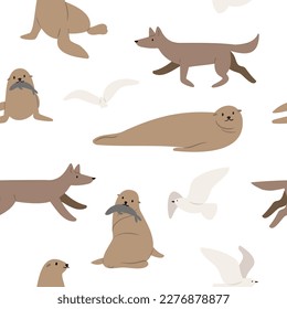 patrón costero sin costuras, papel digital de gaviota voladora, papel de libro de recortes de león marino, fondo de olas, clipart de ilustración femenina, imágenes vectoriales de playa oceánica al estilo de dibujos animados planos.