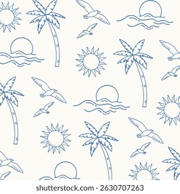 Coastal seamless pattern with hand drawn palm trees, sun, seagulls, and ocean waves. Nautical summer beach background for fabric, wall art, wrapping paper, prints, artworks.