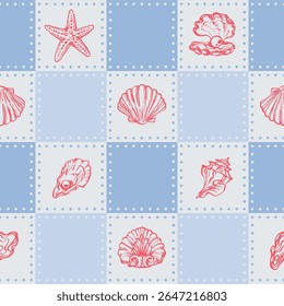 Padrão costeiro sem emenda com conchas vermelhas, criaturas subaquáticas e estrelas-do-mar no fundo azul-xadrez. La dolce vita temática inspirada na estética italiana de verão. Vintage Marine, coquette design