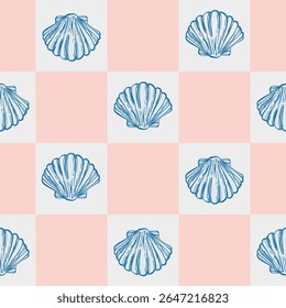 Padrão costeiro sem emenda com conchas no fundo amarelo Checkered. La dolce vita temática inspirada na estética italiana de verão. Vintage Marine, feminino, coquette design em estilo feminino encantador