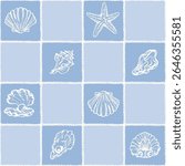 Coastal Seamless pattern with Seashells, Underwater creatures and starfish on Blue Checkered Background. La dolce vita themed inspired by Summer Italian aesthetic. Vintage Marine, coquette design