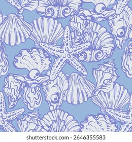 Padrão costeiro sem emenda com conchas, criaturas subaquáticas e estrelas-do-mar no fundo azul. La dolce vita temática inspirada na estética italiana de verão. Vintage Marine, feminino, coquette design
