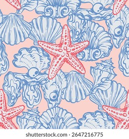 Padrão costeiro sem emenda com conchas, criaturas subaquáticas e estrelas-do-mar vermelhas no fundo rosa. La dolce vita temática inspirada na estética italiana de verão. Vintage Marine, feminino, coquette design