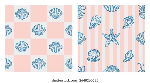 Coastal Seamless Pattern Set com conchas azuis, criaturas subaquáticas, Starfish em fundos listrados amarelos e xadrez. La dolce vita temática inspirada na estética italiana do verão vintage.