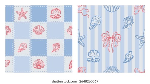 Costeira sem emenda padrão conjunto com conchas vermelhas, criaturas subaquáticas, estrela-do-mar, arcos de fita em azul listrado, fundos xadrez. La dolce vita temática inspirada na estética italiana do verão vintage.