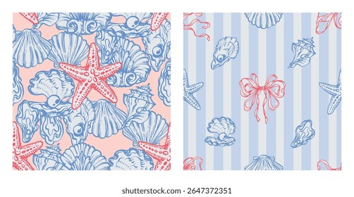 Coastal Seamless Pattern Set com conchas, criaturas subaquáticas, Estrela Vermelha, Arcos de fita em fundos listrados azuis. La dolce vita temática inspirada na estética italiana do verão vintage.