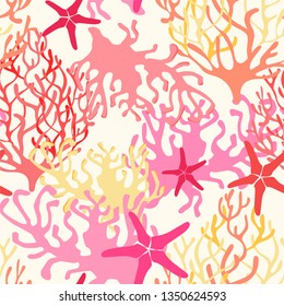 Coastal seamless repeat pattern with colorful corals and starfish