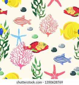 Coastal seamless repeat pattern with colorful fish, coral reefs, starfish, seaweed and pebbles