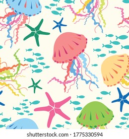 Coastal seamless repeat pattern with fish, corals, jellyfish and starfish in bright colors on a cream ivory background